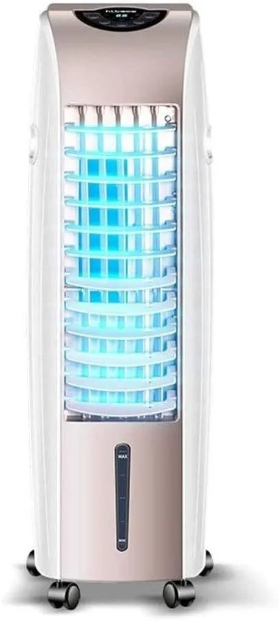 SMLZV 3-speed evaporative air cooler with timer and 6L water tank in a home and office setting.