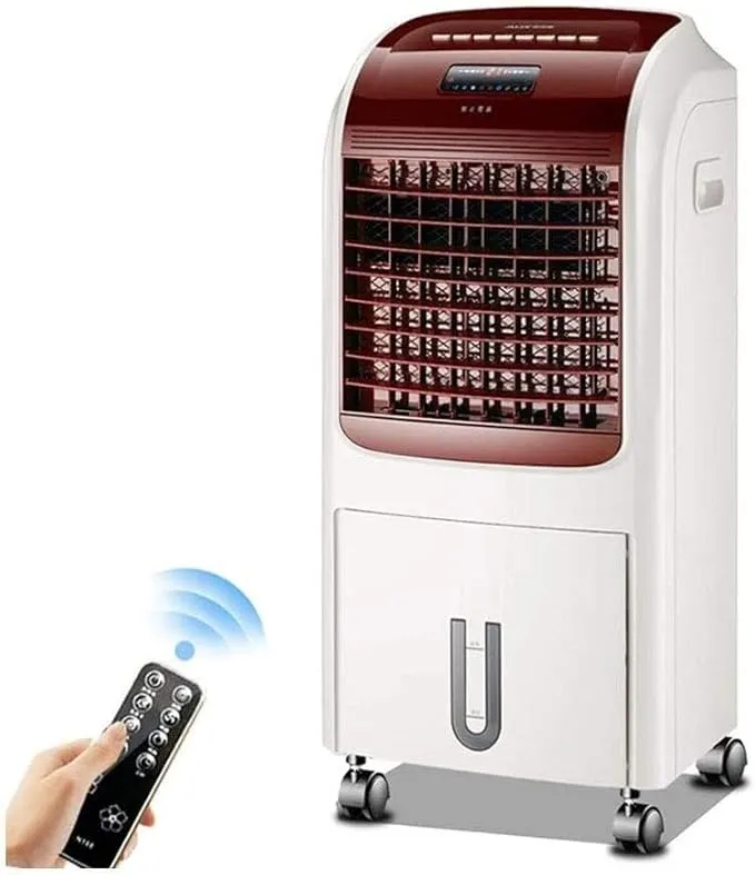 SMLZV 3-speed portable air cooler with dual-use cooling fan in a home and office setting.
