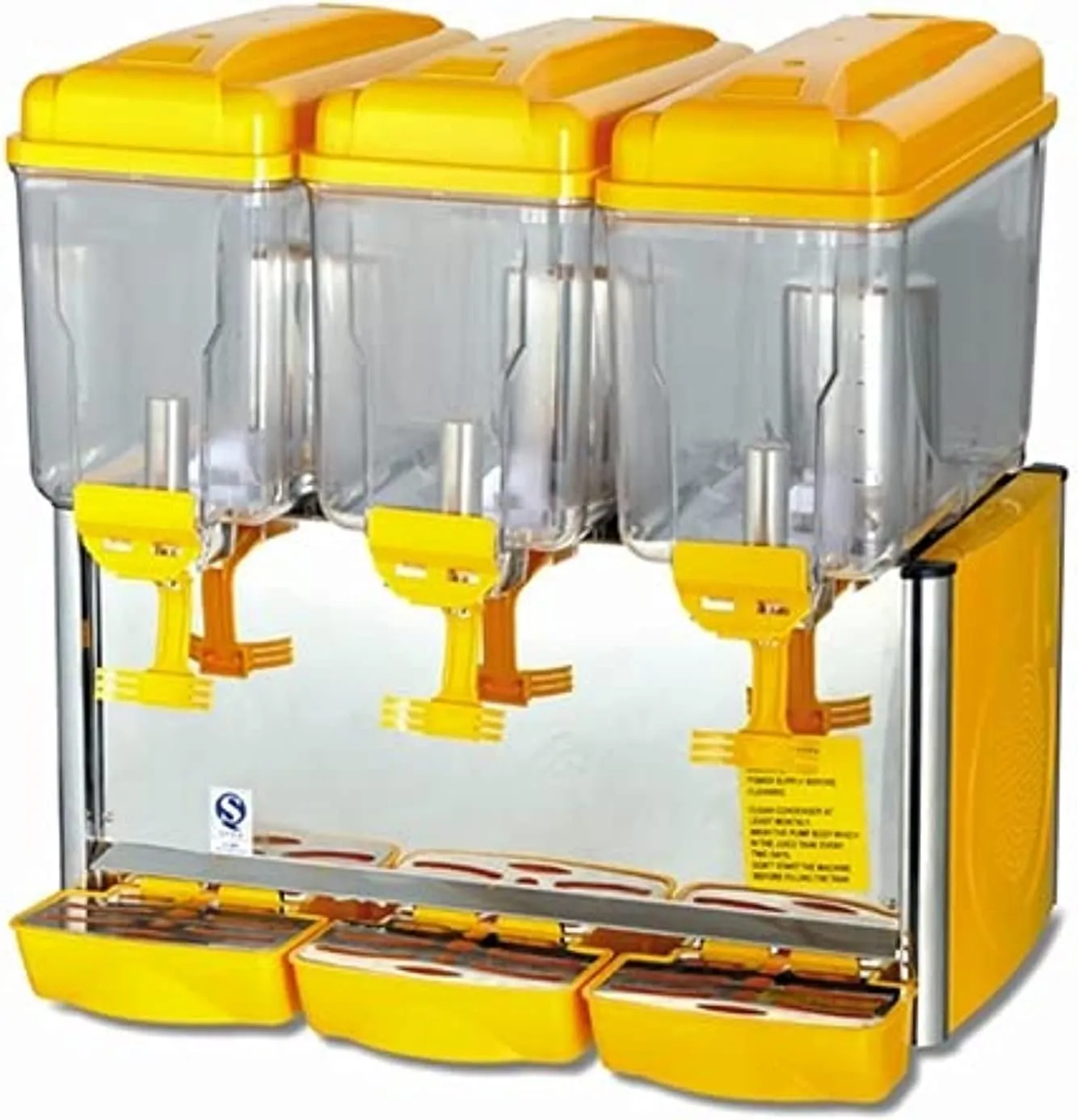 Stainless steel commercial juice dispenser for serving cold beverages in restaurants and cafés.
