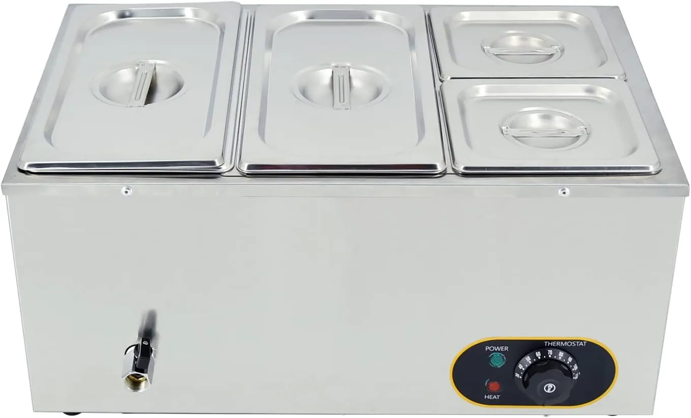 Stainless steel electric bain marie buffet warmer with digital temperature control for precise heating.