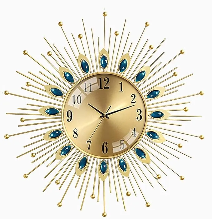 Sunburst vintage wall clock with gold quartz metal art design for living room home decor.