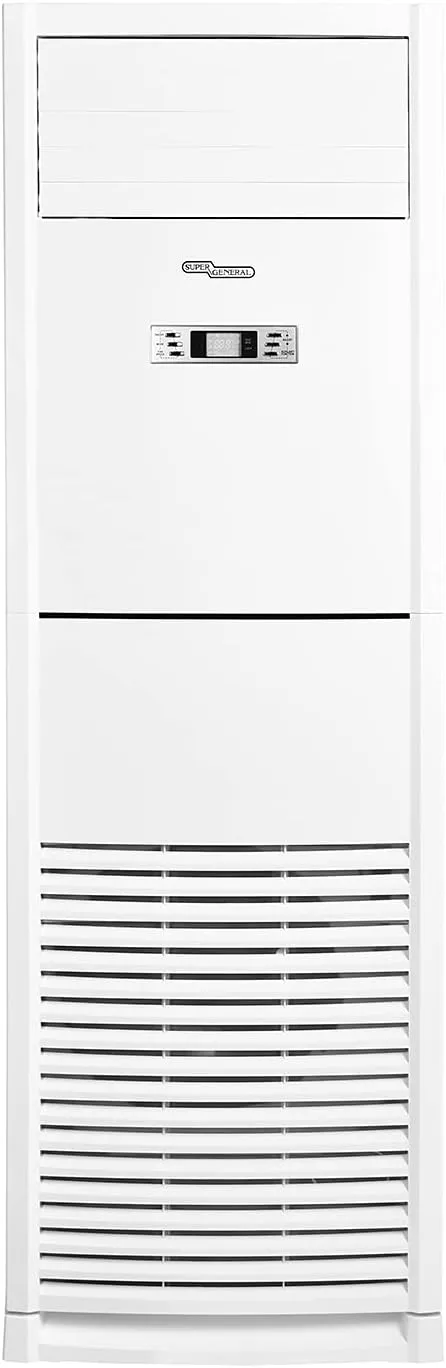 Super General 4-ton floor air conditioner SGFS48GE with 48000 BTU, auto-restart, and sleep mode in a commercial space.