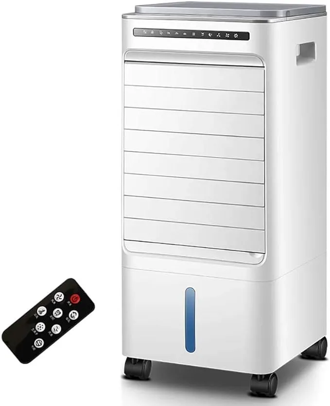 YLC smart portable air cooler with remote control and LED touch panel.