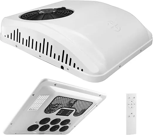 Totalral 12V top-mount RV air conditioner with cooling and heating features.