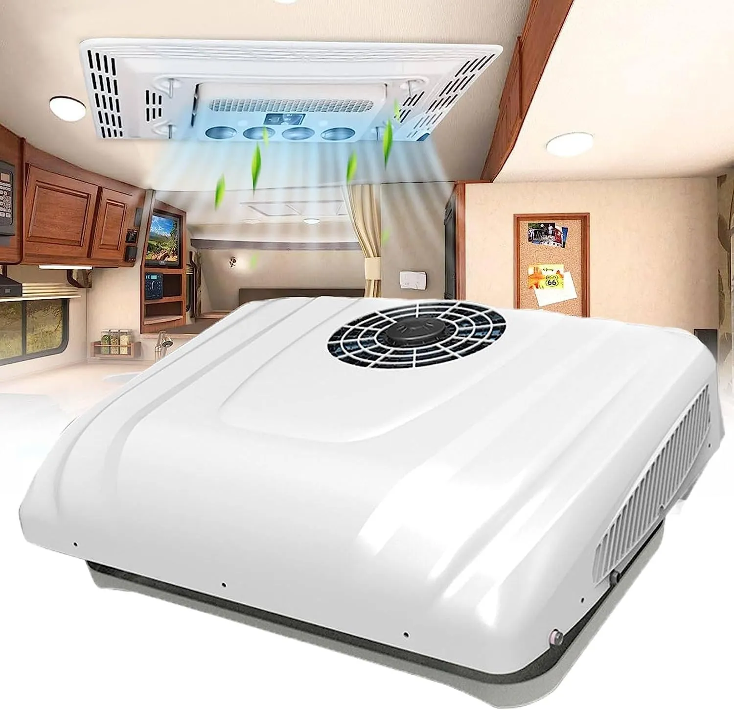 UVWXYZC rooftop RV DC air conditioner for campers, trucks, and cars, supporting 12/24V high-efficiency cooling.
