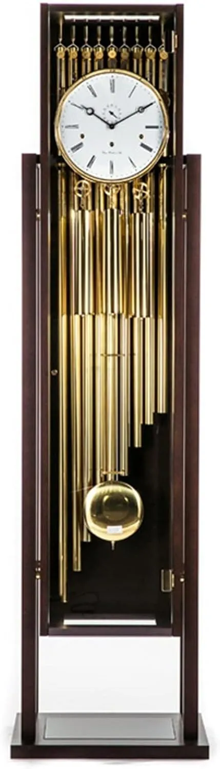Vintage grandfather floor clock with retro distressed wood, aged nickel pendulum, and bells for home decor.