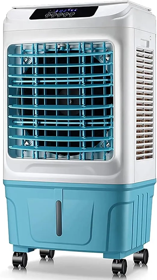 XRTLYH 3-in-1 portable evaporative air cooler with humidifier, purifier, 35L tank, and wheels in a home setting