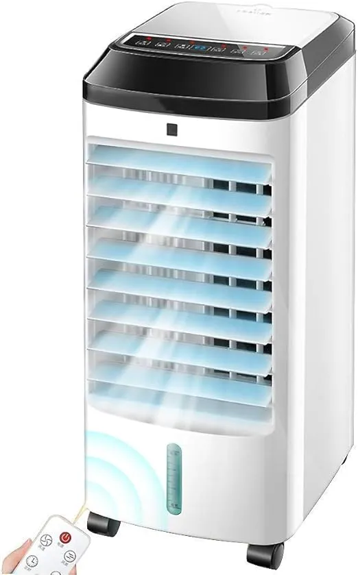 XRTLYH portable evaporative AC with 4 caster wheels, quiet fan, humidifier, and remote.