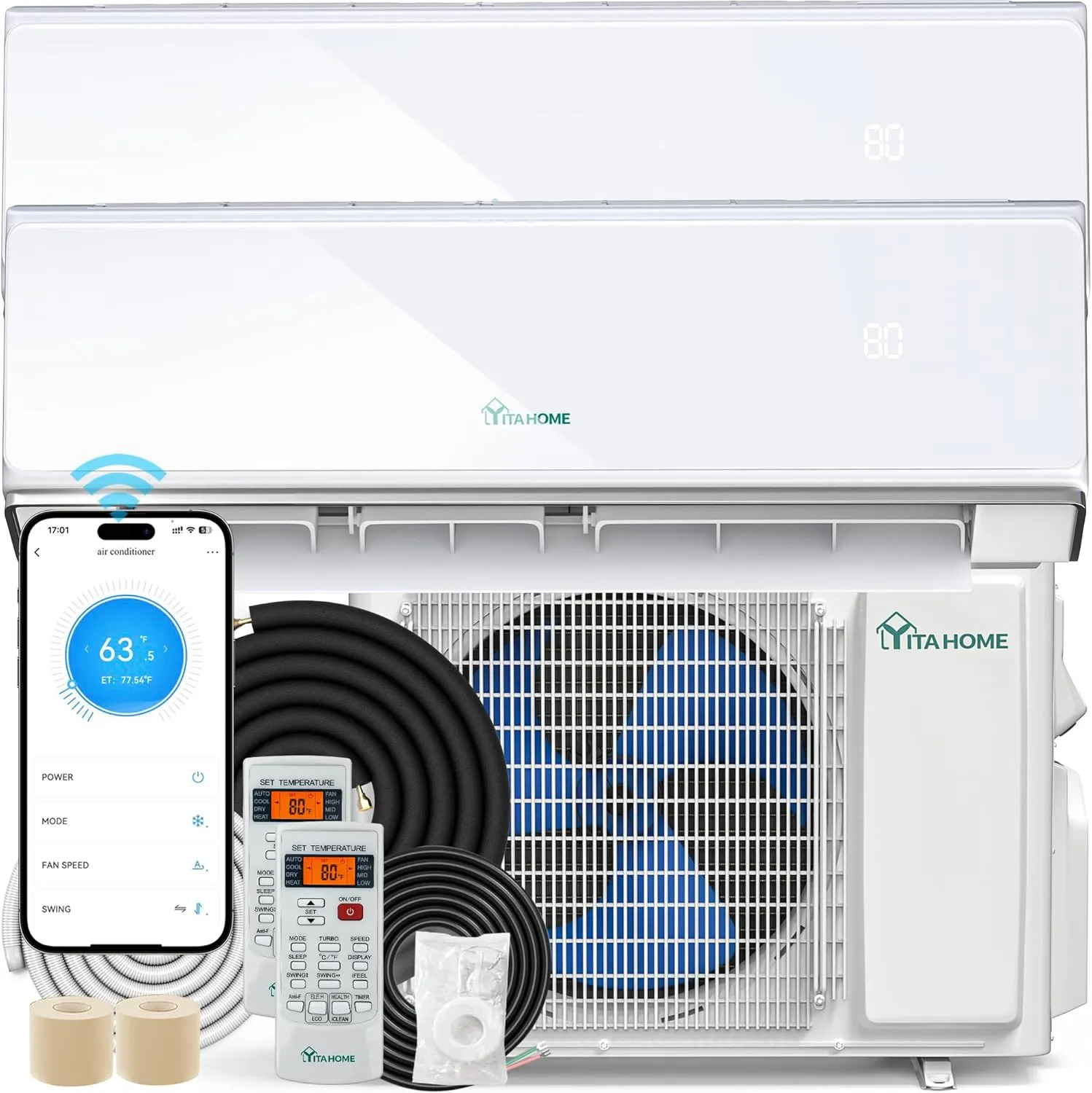 YITAHOME 18,000 BTU 2-zone mini split air conditioner with Wi-Fi, ductless heating and cooling, Alexa compatible.