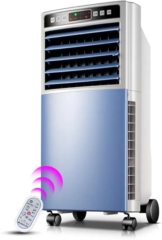 YZJWCJ portable single-cooling air-conditioning fan with remote control in a modern room.