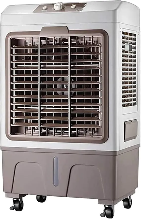 ZJCQA 3-in-1 portable evaporative air cooler with casters, suitable for large rooms, in a living area.