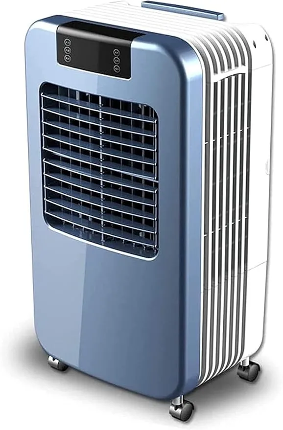 ZJCQA 3-in-1 portable evaporative air cooler with 30L water tank and remote control in a home setting