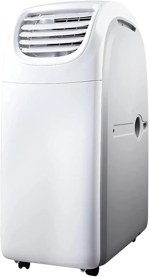 ZJCQA portable air conditioner with 1450W power, remote control, fan, and dehumidifier for home and office use.
