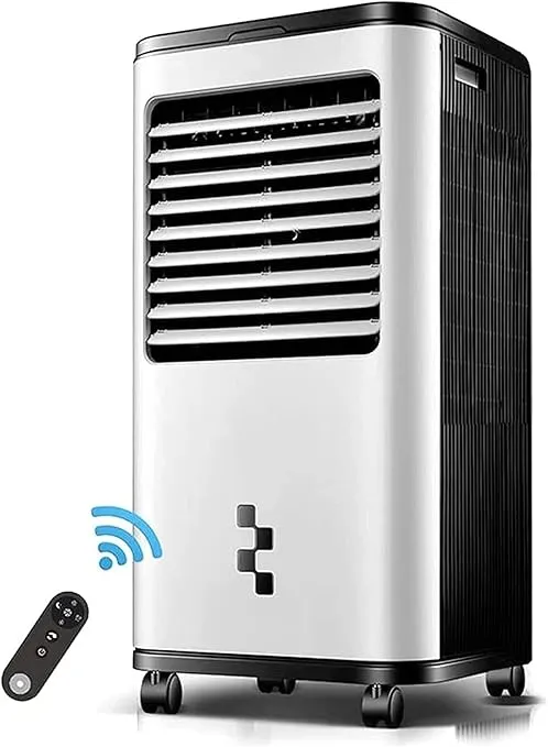 ZJCQA portable evaporative air cooler with remote control and humidifier in a home setting.
