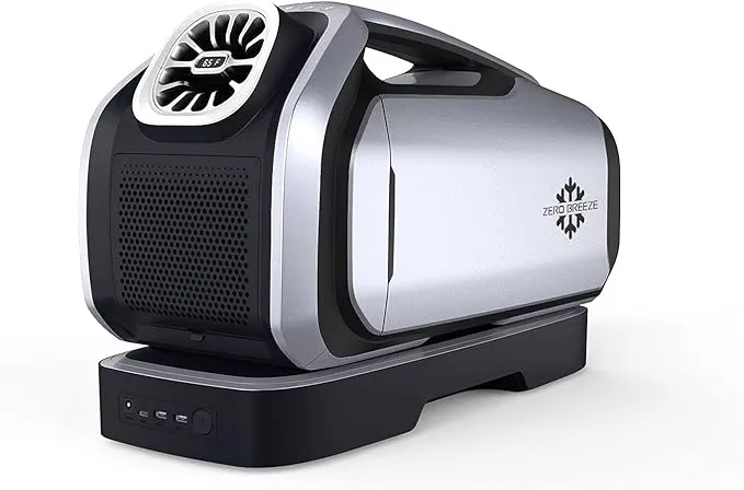 Zero Breeze Mark 2 portable 2300 BTU air conditioner, battery-powered for outdoor and RV use.