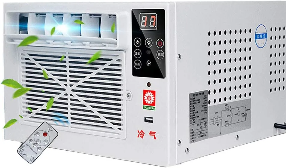 saKlnM-yRz window air conditioner with remote control and built-in dehumidifier for home cooling.