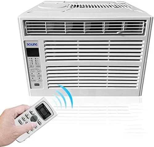 ymgDps window air conditioner with remote control, 3-speed fan, dehumidifier, and sleep mode.