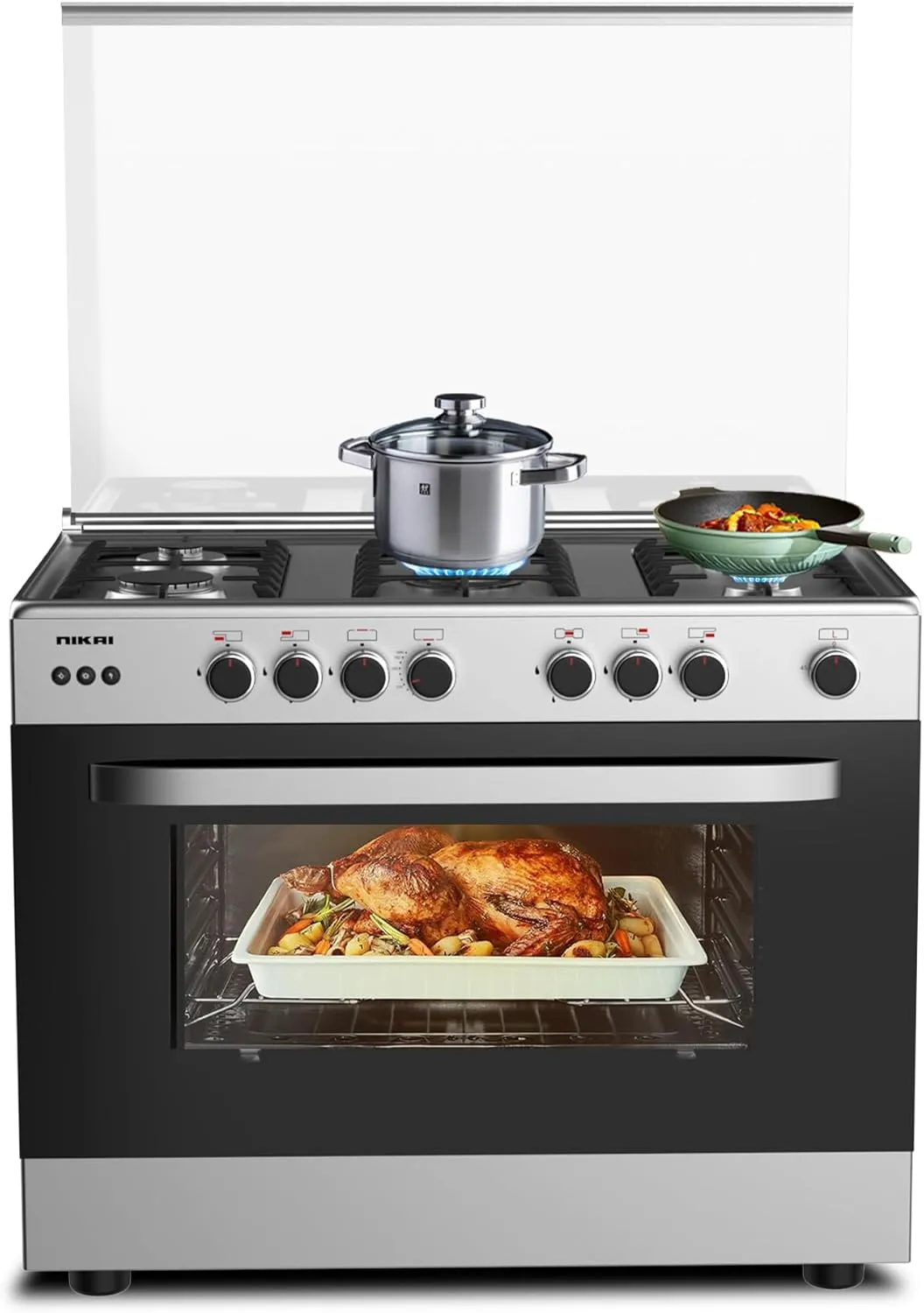 Nikai 4-burner freestanding gas stove with auto ignition and integrated oven support.