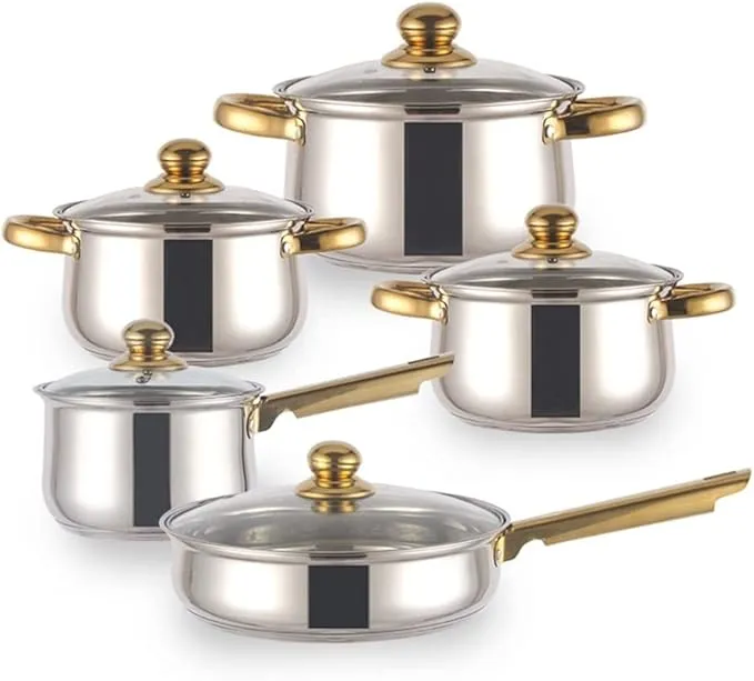 10-piece stainless steel cookware set with pots, pans, and essential kitchen utensils.