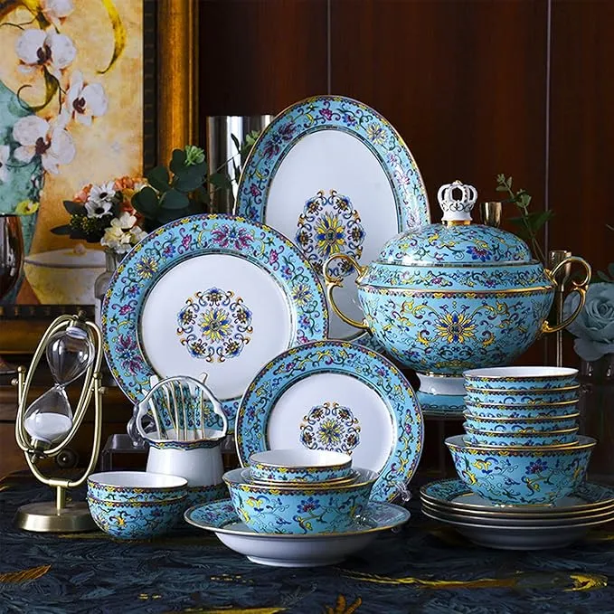 101-piece bone china tableware set with ceramic dinner plates.