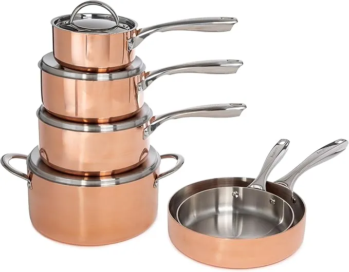 10-piece BergHOFF vintage tri-ply copper stainless steel cookware set with gold finish.