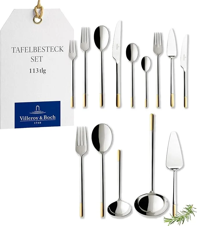 113-piece stainless steel gold accent cutlery set for 12 people.