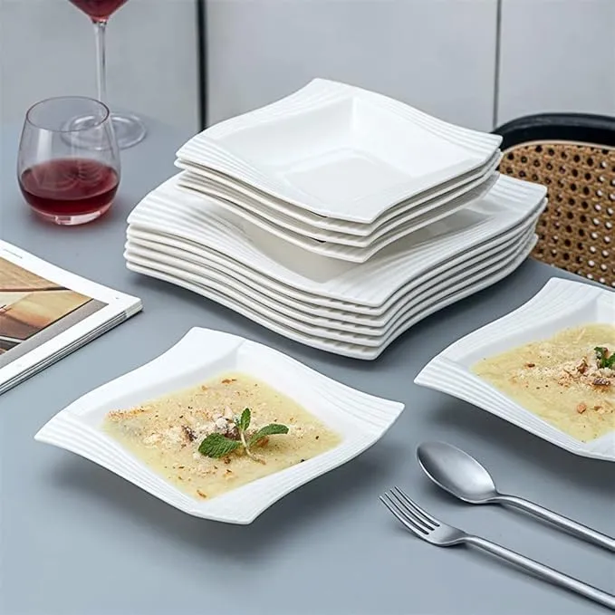 12-piece porcelain dinnerware set with plates and bowls for six people.