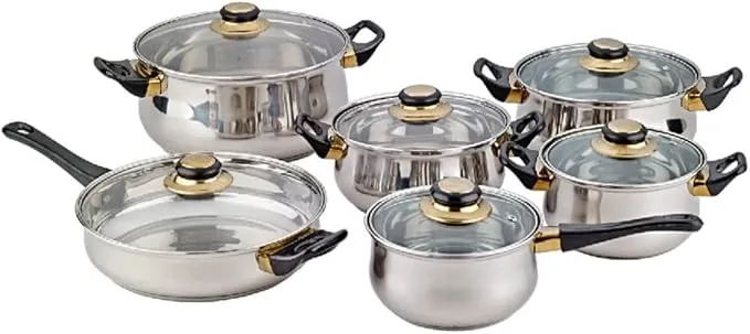 12-piece premium stainless steel cookware set with durable pots, pans, and glass lids for cooking.