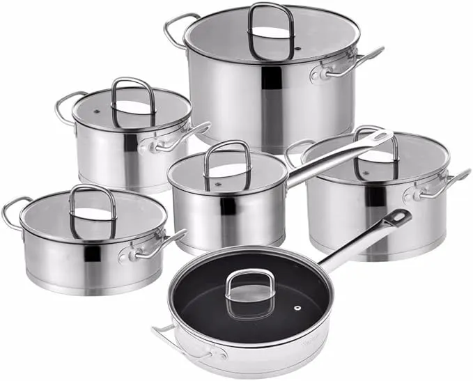 12-piece stainless steel cookware set with induction-compatible pots, pans, and glass lids.