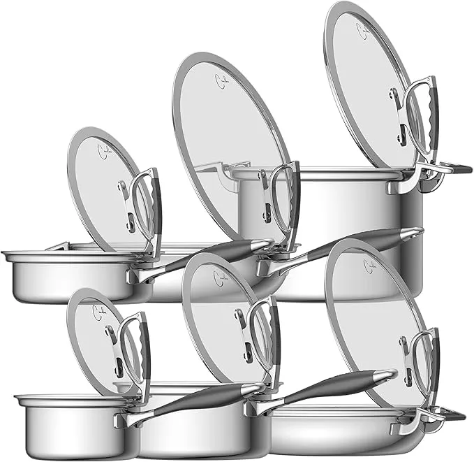12-piece tri-ply stainless steel cookware set with silicone handles and glass lids, model CCB-4232.