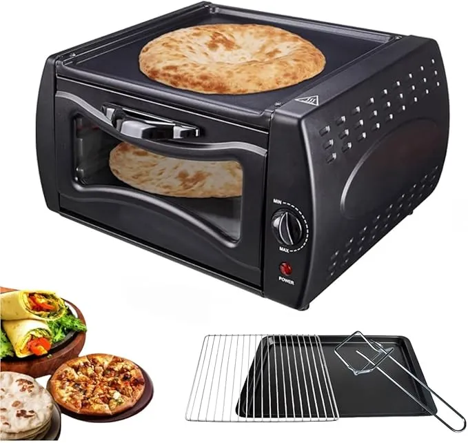 15L countertop electric pizza oven with visible window and adjustable temperature.