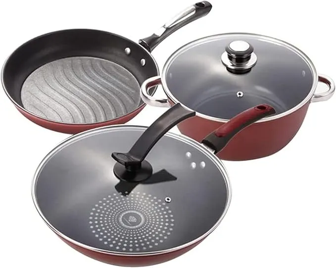 3-piece household nonstick cookware set including frypan, milk pot, and induction-ready pots.