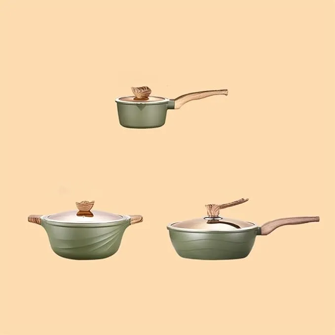 3-piece Maifan stone non-stick cookware set with pot, soup pot, and frying pan.
