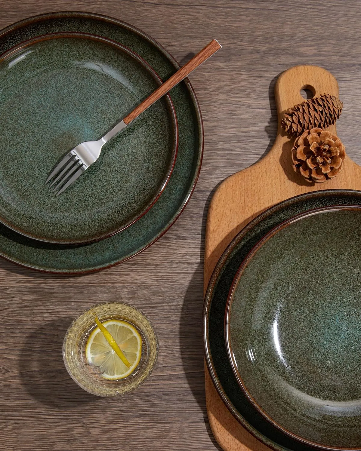 32-Piece Brown & Green Dinnerware Set