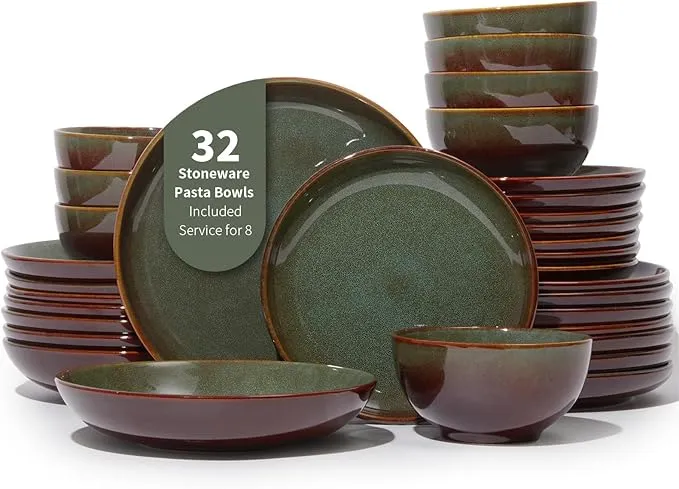 32-piece brown and green dinnerware set with plates and bowls for 8 people.