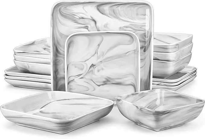32-piece marble dinnerware set with plates, bowls, dessert, and soup bowls.