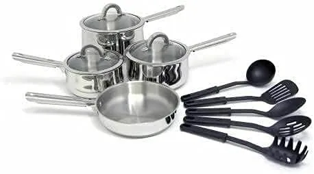 4-piece stainless steel cookware set with utensils, durable kitchen essentials for home use.