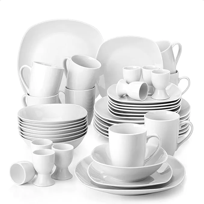 40-piece porcelain dinnerware set with plates, bowls, and mugs.