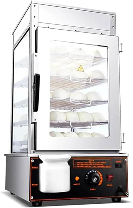 Text: 5-layer commercial electric hot food warmer and steamed bun steamer for buffet.