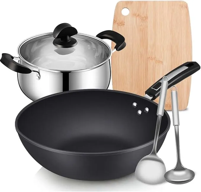 5-piece nonstick cookware set with frying pans, steak pans, and egg pans for kitchen use.