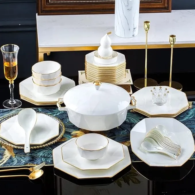 58-piece ceramic tableware set including dinner and soup bowls.