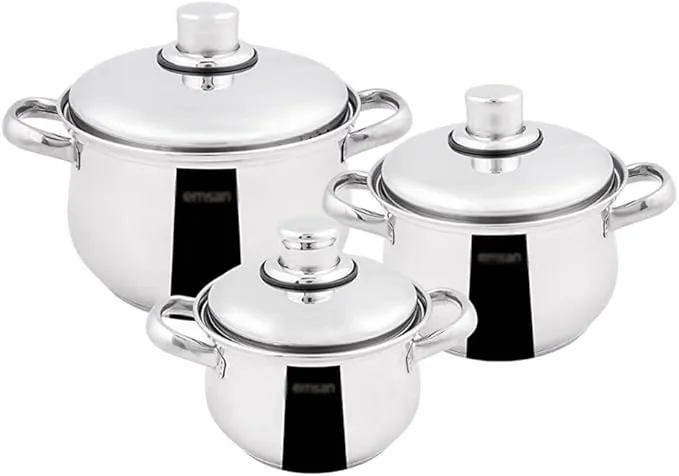 6-piece stainless steel cookware set with induction-compatible base and glass lids for kitchen use.