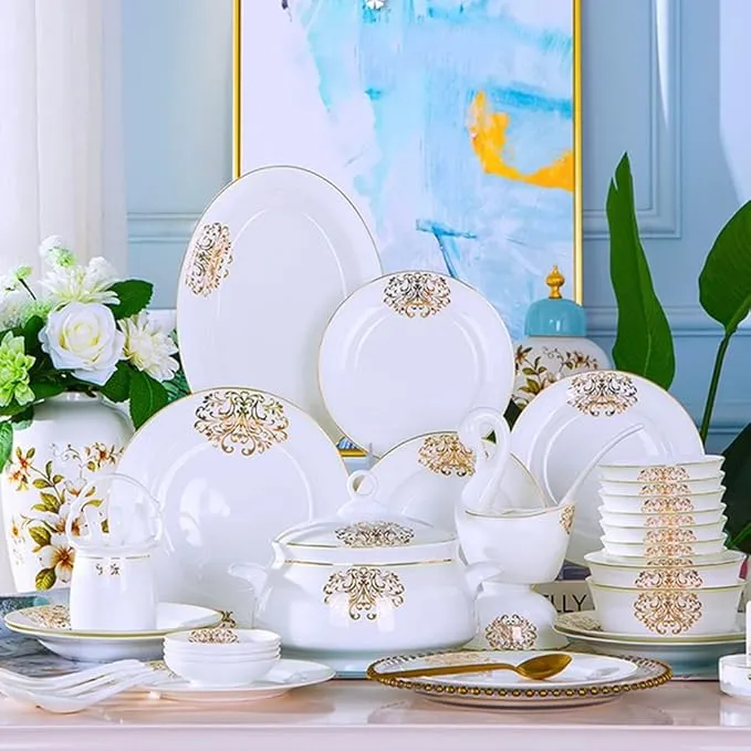 60-piece bone china dinnerware set including plates and bowls.