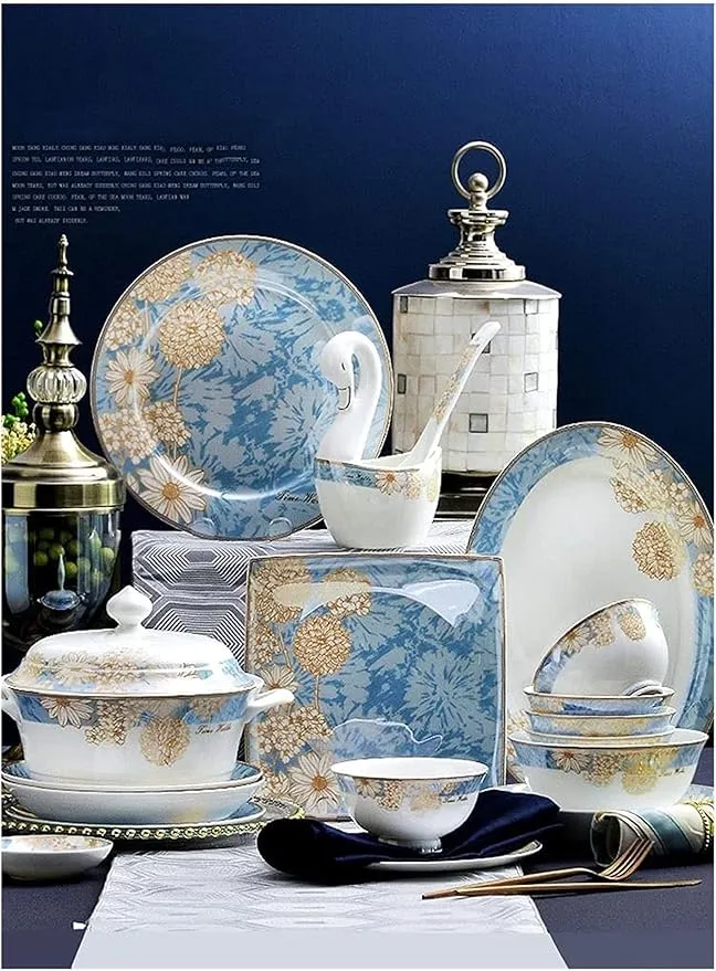 60-piece luxury bone china dinnerware set with ceramic dishes and chopsticks for 10 people.
