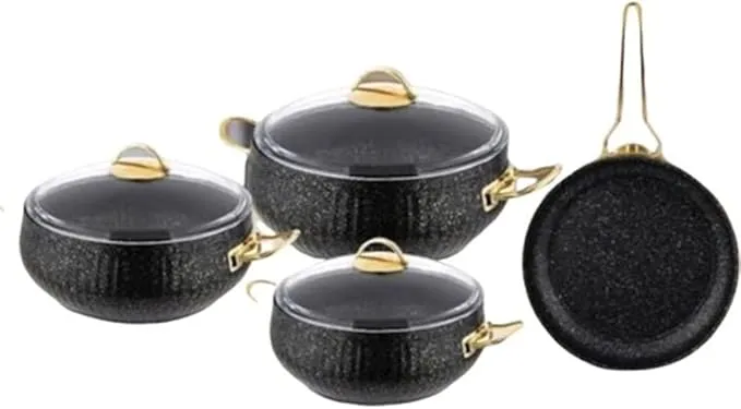 7-piece nonstick cookware set with granite lids, including pots, pans, and kitchen accessories.