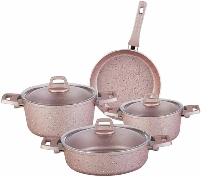 7-piece rose nonstick cookware set with durable frying pans and essential kitchen cookware.