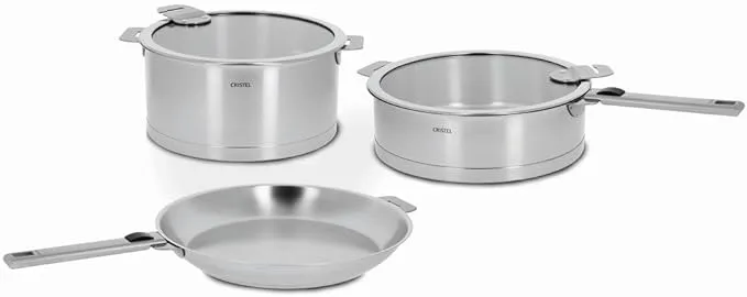 7-piece stainless steel cookware set with removable handles, durable for everyday kitchen use.