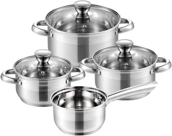 7-piece stainless steel cookware set with pots, pans, saucepans, and glass lids for kitchen use.