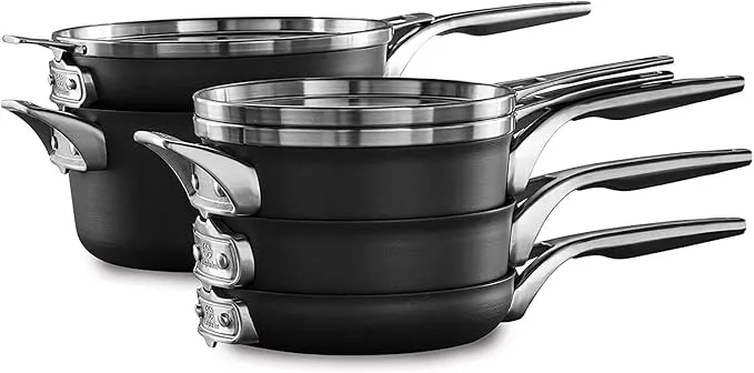 8-piece Calphalon Premier space-saving hard-anodized non-stick cookware set.