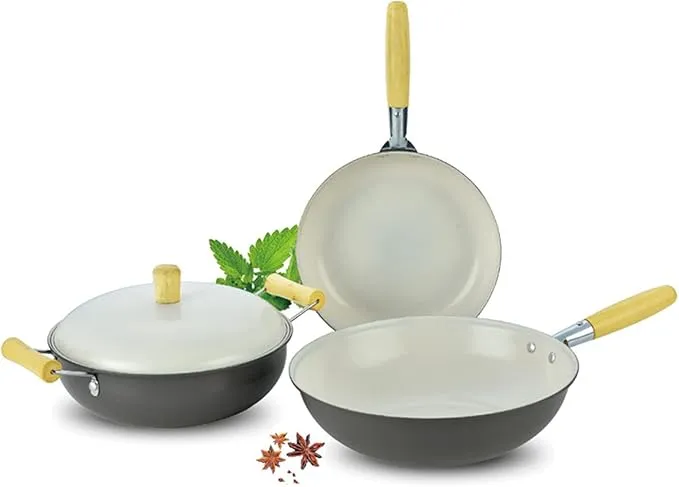 3-piece AVLUZ ceramic iron nonstick cookware set with durable pans for home kitchens.